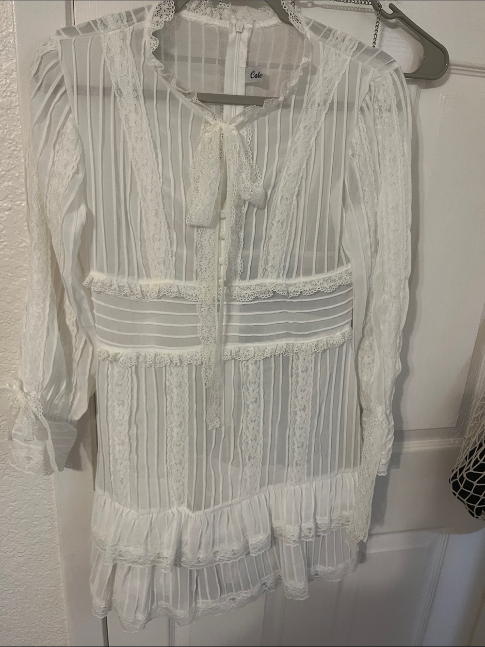 Cate Cat White Sheer Lace-Trim Mini Dress